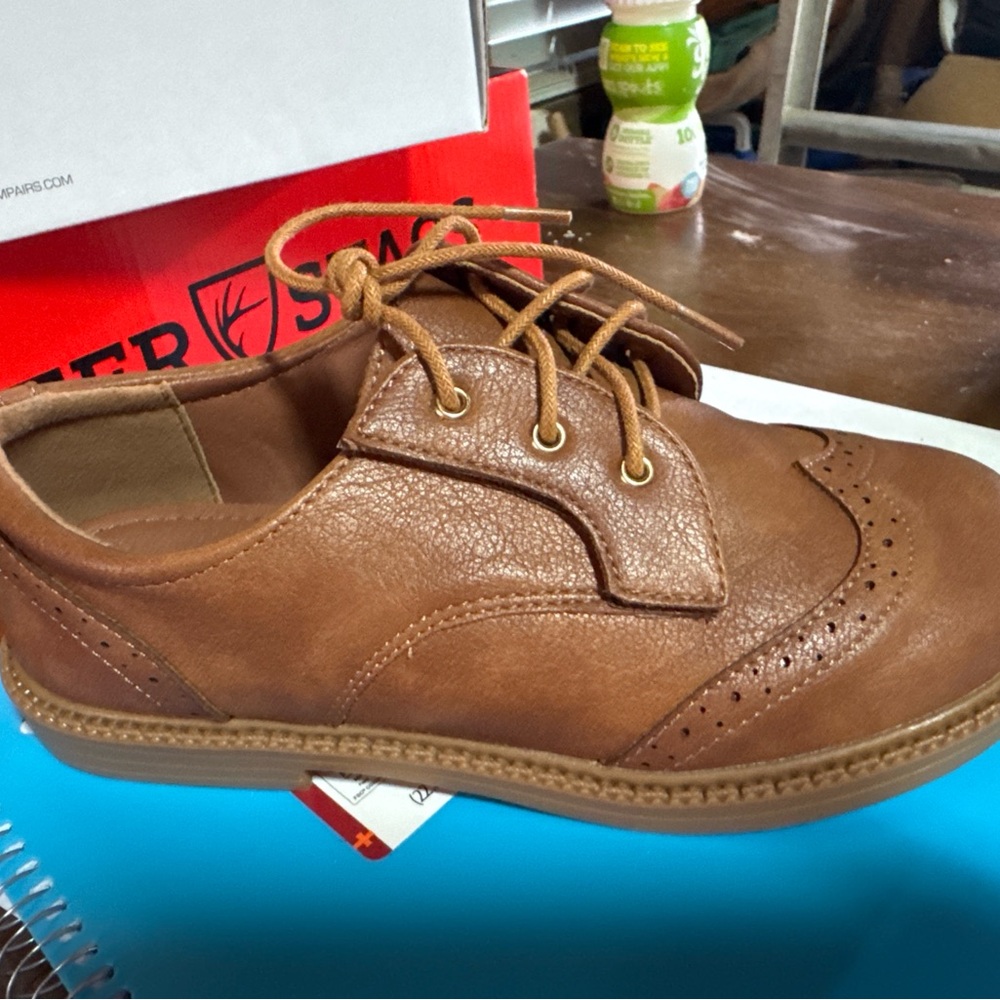 Boy’s Brown Leather Wingtip Lace-Up Shoes with Velcro Lace-Up